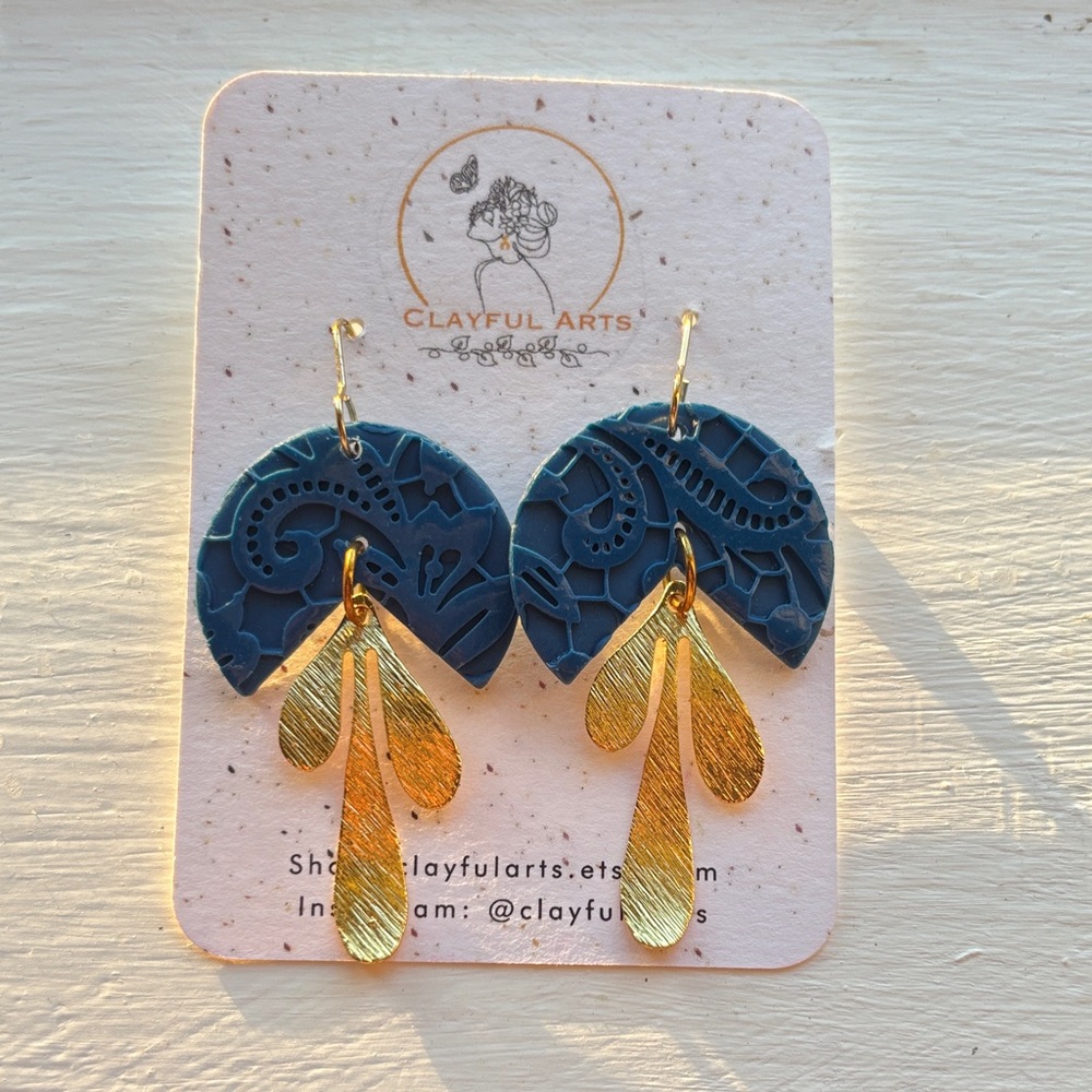 Bohemian Clayful Arts Blue and Gold Earrings Teal Dangle Handmade boho Clay